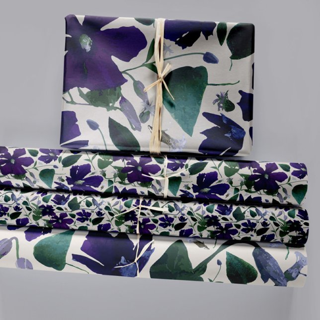 Floral Purple Clematis Trio Decoupage Gift Wrapping Paper Sheet (Elegant Purple Floral Pattern Wrapping Paper Sheets. Jenn Steffen-Studio Posies.)