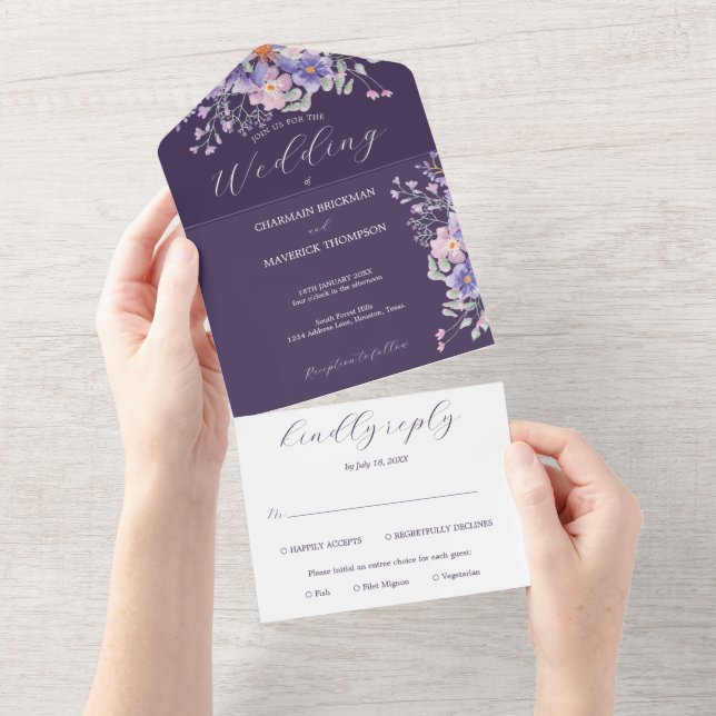Floral Purple Dreams Simple Wedding All In One Invitation (Tearaway)