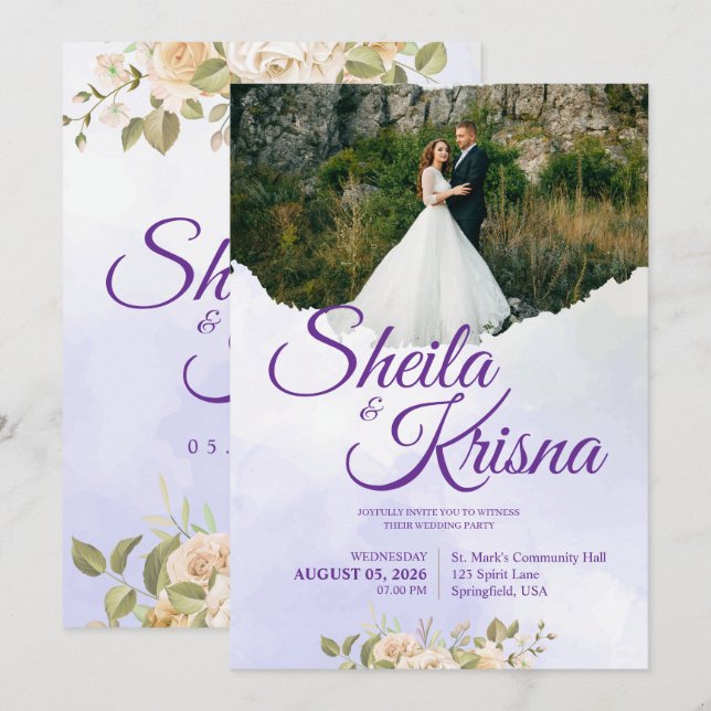 Floral Purple Elegance Wedding with Photo Invitation (Front/Back)