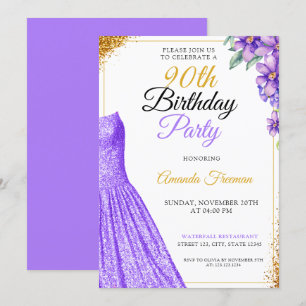 Floral Purple Flowers 90th Birthday Invitation