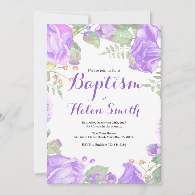 Floral Purple Girl Baptism Invitation (Front)