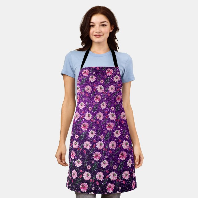 Floral Purple Glitter Kitchen Christmas Gift Apron (Worn)