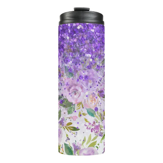 *~* Floral Purple Glitter Rose Pattern Girly  Thermal Tumbler (Front)