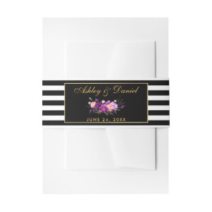 Floral Purple Gold Black Stripes Wedding Invitation Belly Band