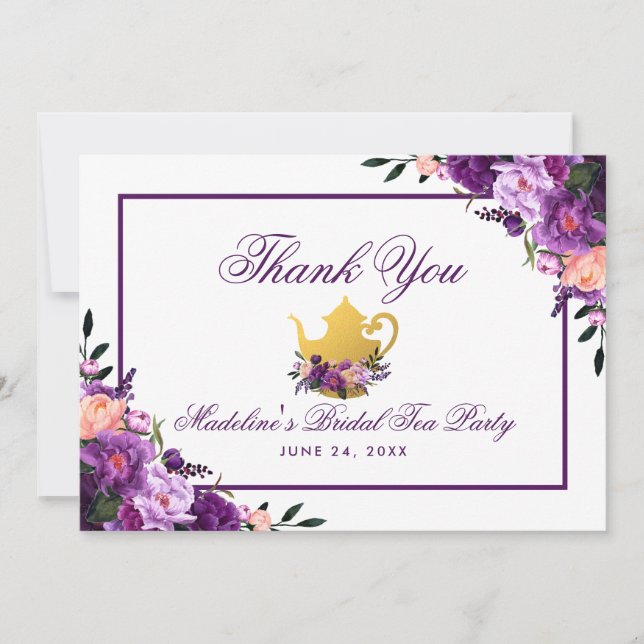 Floral Purple Gold Bridal Tea Party Thank You (Front)