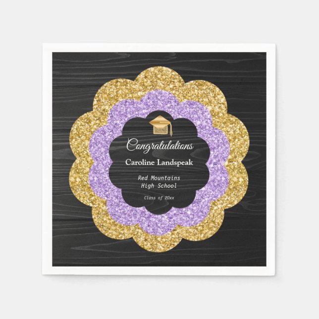 Floral Purple & Gold Glitter Graduation Party Napkin (Front)