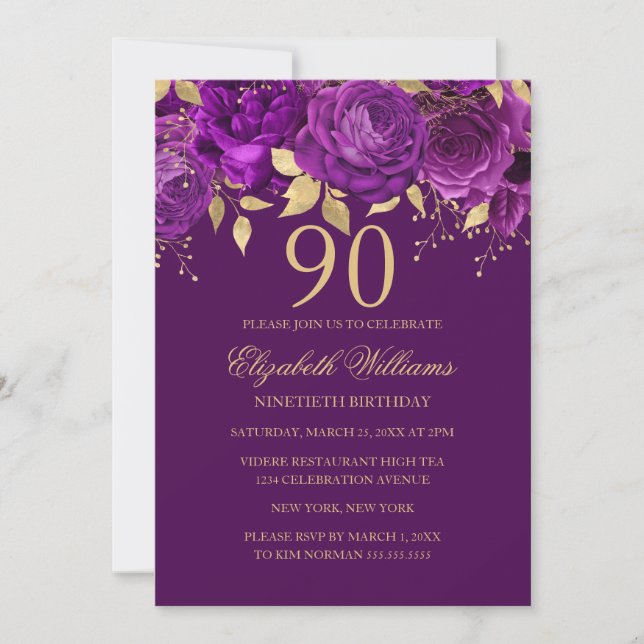 Floral Purple Gold Rose 90th Birthday Invitation (Front)