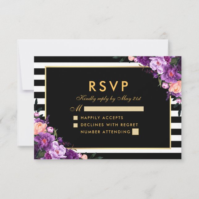 Floral Purple Gold Striped Black RSVP Wedding (Front)