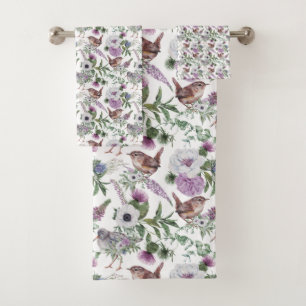 Floral Purple Green Songbirds Illustration Bath Towel Set