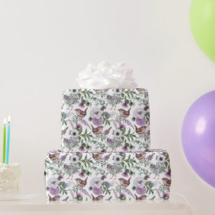 Floral Purple Green Songbirds Illustration Wrapping Paper