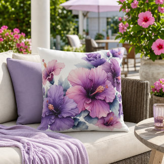 Floral Purple Hibiscus Flower Outdoor Pillow