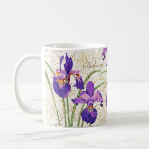 Floral Purple Iris Gold Damask Monogram Name Coffee Mug