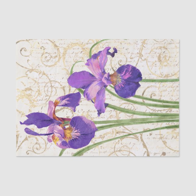 Floral Purple Iris Gold Damask Script Decoupage Tissue Paper (Front)