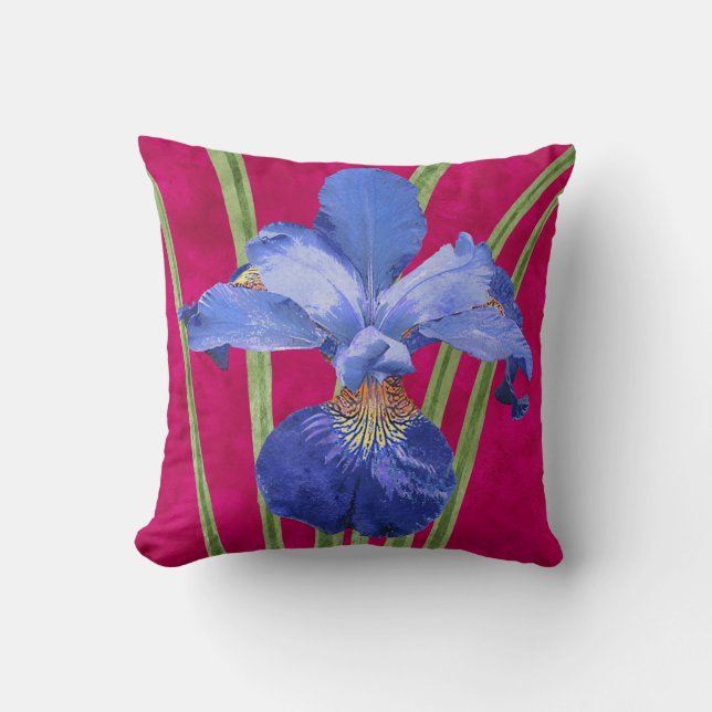 Floral Purple Iris on Magenta Pink Throw Pillow (Front)