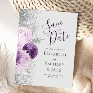 Floral Purple Lavender Grey Silver Glitter Postcard