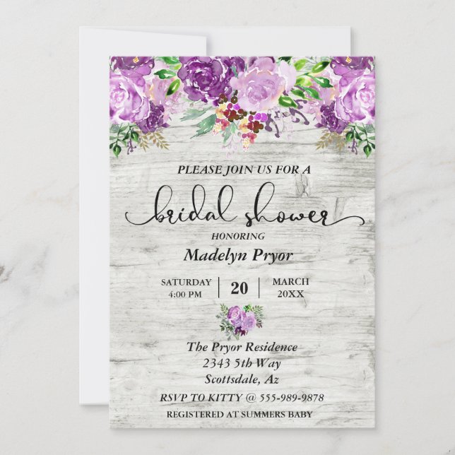 Floral Purple Lavender Wood Rustic Bridal Shower Invitation (Front)