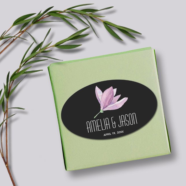 Floral Purple Magnolia on Black Wedding Oval Sticker (Magnolia Floral Wedding Favor Black Oval Stickers)