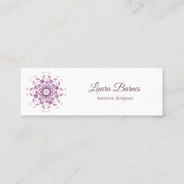 Floral purple mandala. Text. Mini Business Card (Front)