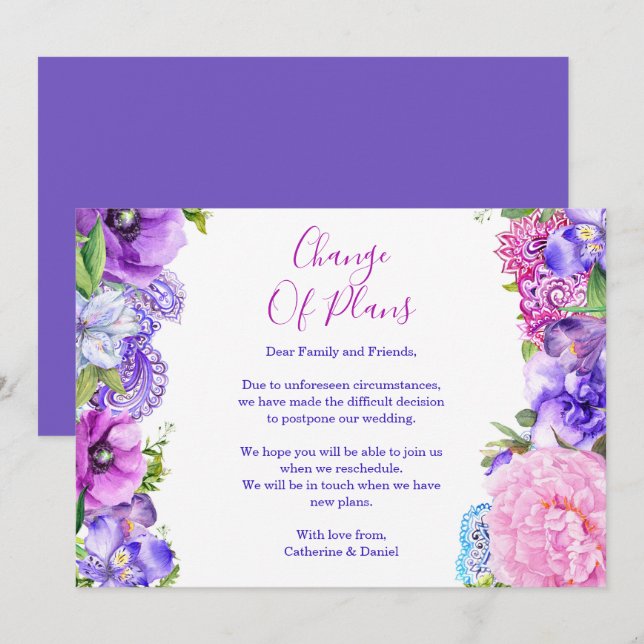 Floral Purple Paisley Change Of Plans Postponement Announcement (Front/Back)