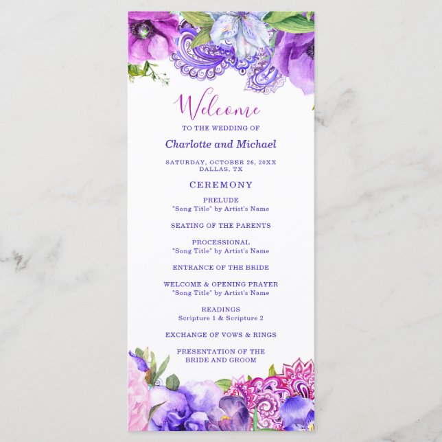Floral Purple Paisley Chic Modern Boho Wedding Program (Front)