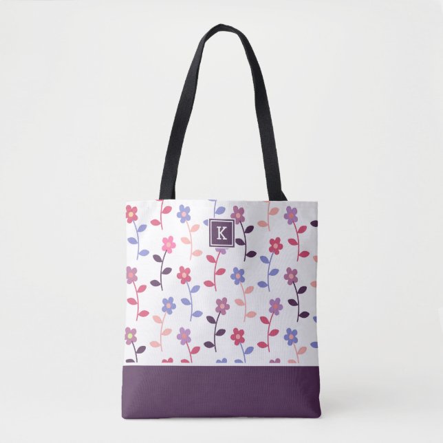 Floral Purple Pattern with Monogram Tote Bag (Front)