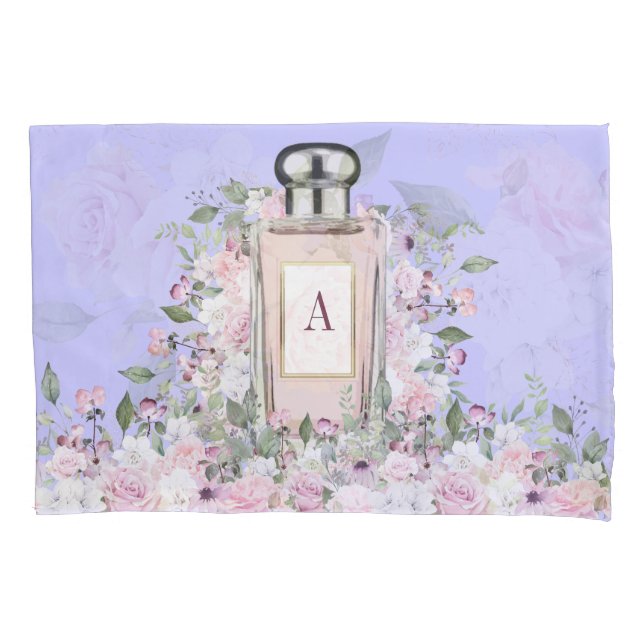 Floral Purple Perfume Bottle Monogram  Pillowcase (Front)