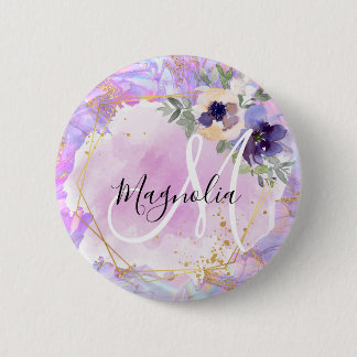 Floral Purple, Pink & Gold Rainbow Marble Monogram 2 Inch Round Button