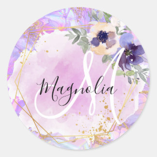 Floral Purple, Pink & Gold Rainbow Marble Monogram Classic Round Sticker