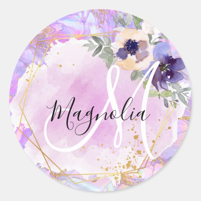 Floral Purple, Pink & Gold Rainbow Marble Monogram Classic Round Sticker (Front)