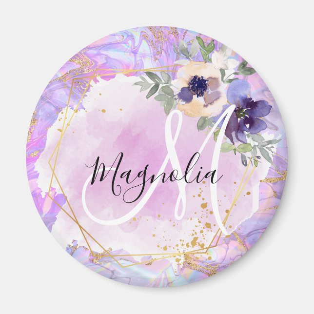 Floral Purple, Pink & Gold Rainbow Marble Monogram Magnet (Front)