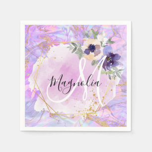 Floral Purple, Pink & Gold Rainbow Marble Monogram Napkin