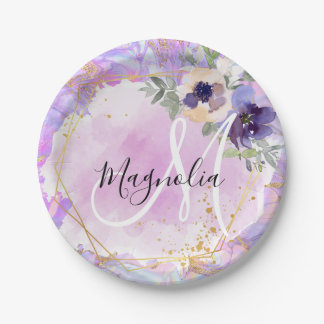 Floral Purple, Pink & Gold Rainbow Marble Monogram Paper Plate