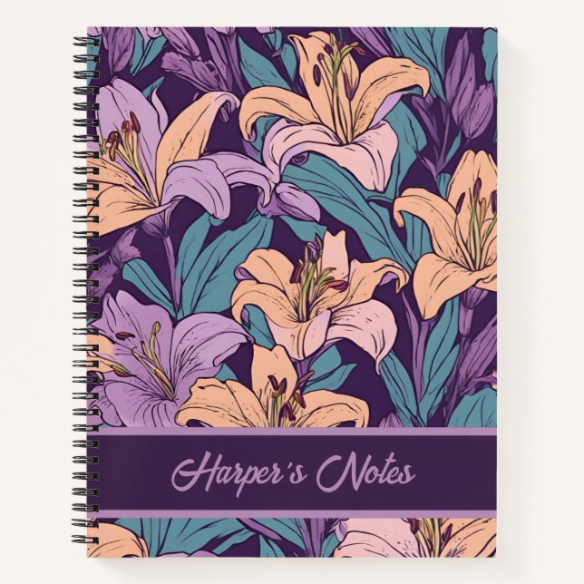 Floral Purple Pink Lily Pattern Personalized  Notebook (Front)