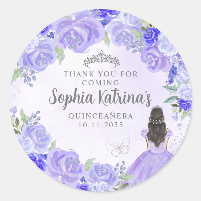 Floral Purple Princess Quinceanera Birthday Favour Classic Round Sticker (Front)