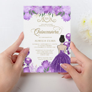 Floral Purple Princess XV Quinceañera Birthday Invitation