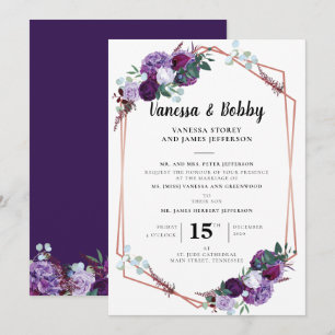 Floral Purple Script Greenery Geometric Wedding Invitation