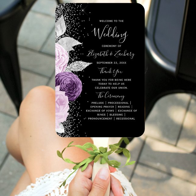 Floral Purple Silver Black Wedding Program Hand Fan (Creator Uploaded)