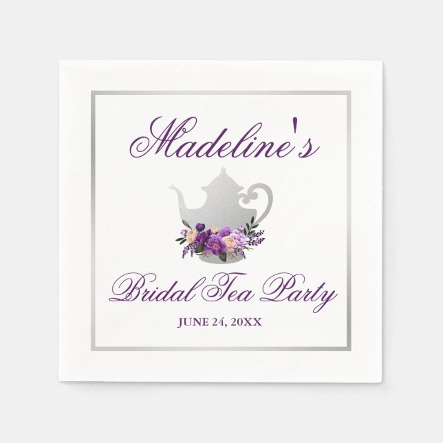 Floral Purple Silver Bridal Shower Tea Party Napkin (Front)