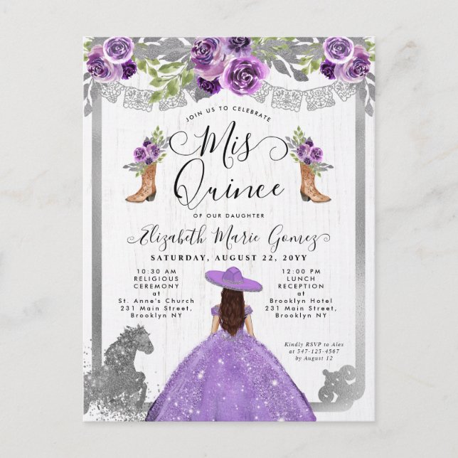 Floral Purple Silver Charra Boot Horse Quinceanera Invitation Postcard (Front)