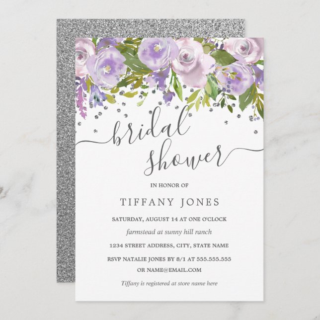 Floral Purple Silver Confetti Bridal Shower Invitation (Front/Back)