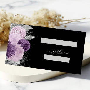 Floral Purple Silver Glitter Black Wedding Place Card