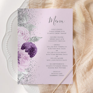 Floral Purple Silver Glitter Lavender Wedding Menu