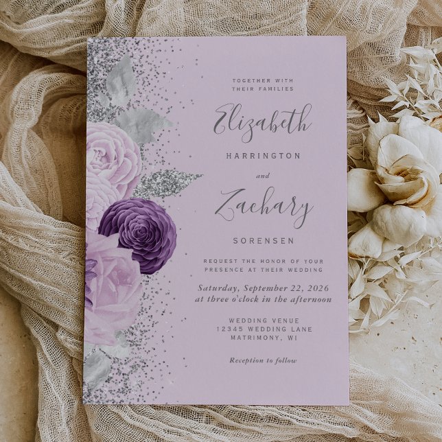 Floral Purple Silver Glitter Lilac Wedding Invitation (An elegant choice for a wedding with a purple or lilac and silver color palette.)