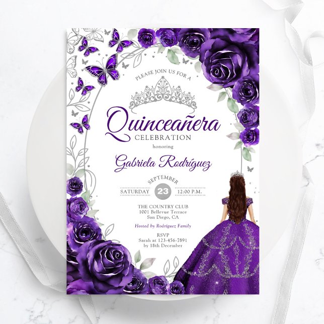 Floral Purple Silver Quinceanera Invitation (Creator Uploaded)