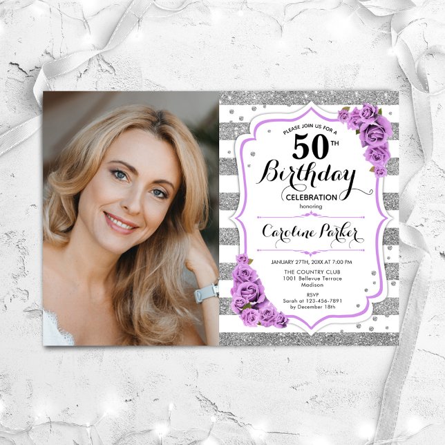 Floral Purple Silver White Photo 50th Birthday Invitation (Creator Uploaded)