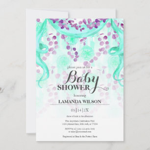 Floral Purple & Teal Banner Baby Shower Invitation