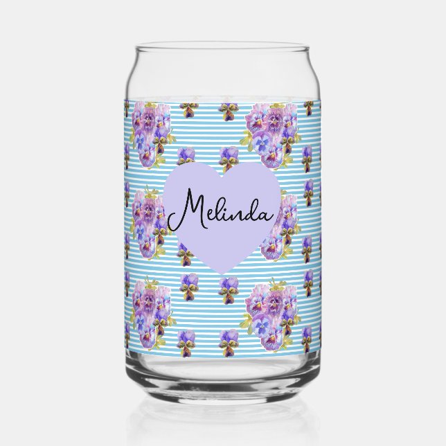 Floral Purple Viola Blue Lilac Pansy Womans Name Can Glass (Front)