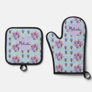 Floral Purple Viola Blue Lilac Pansy Womans Name Oven Mitt & Pot Holder Set