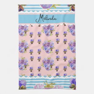 Floral Purple Viola Pastel Pink Pansy Womans Name Kitchen Towel