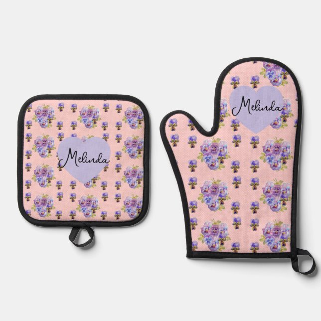 Floral Purple Viola Pastel Pink Pansy Womans Name Oven Mitt & Pot Holder Set (Front)